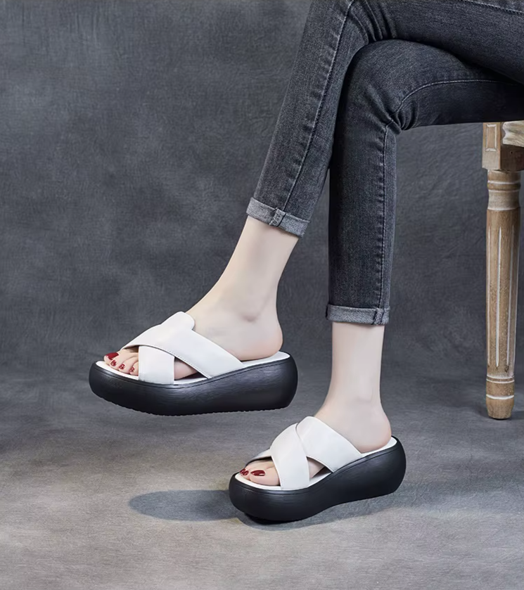 Chunky Leather Wedge Slide Sandals