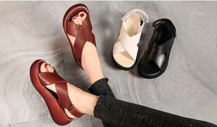 Retro Leather Wedge Slingback Sandals