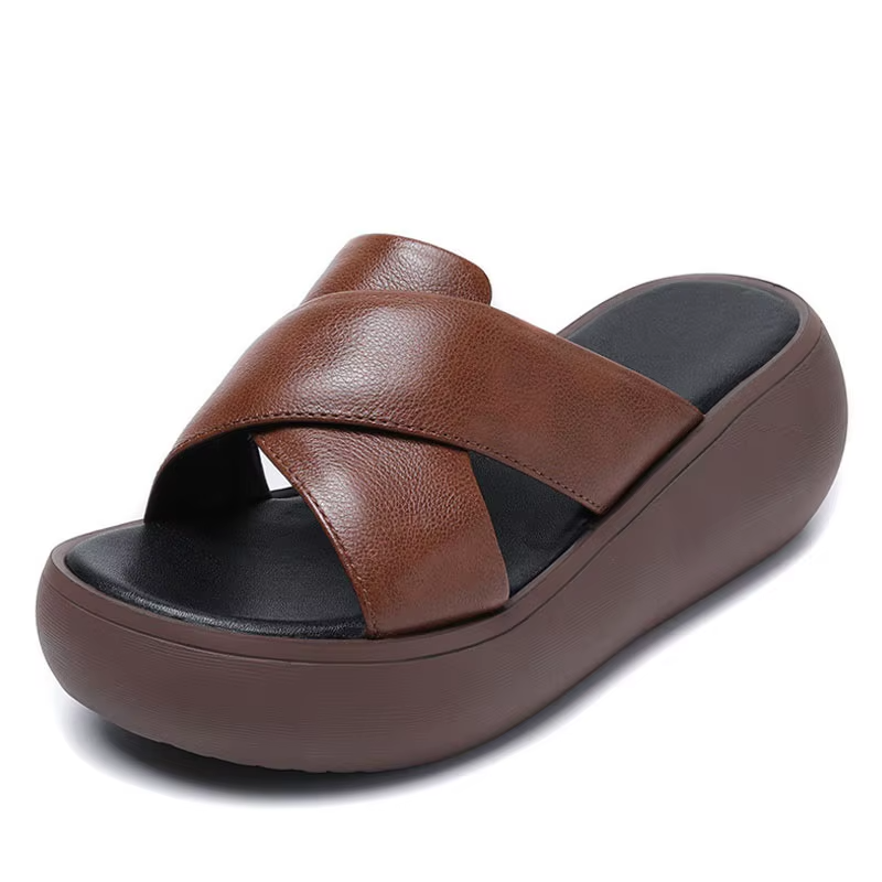 Chunky Leather Wedge Slide Sandals