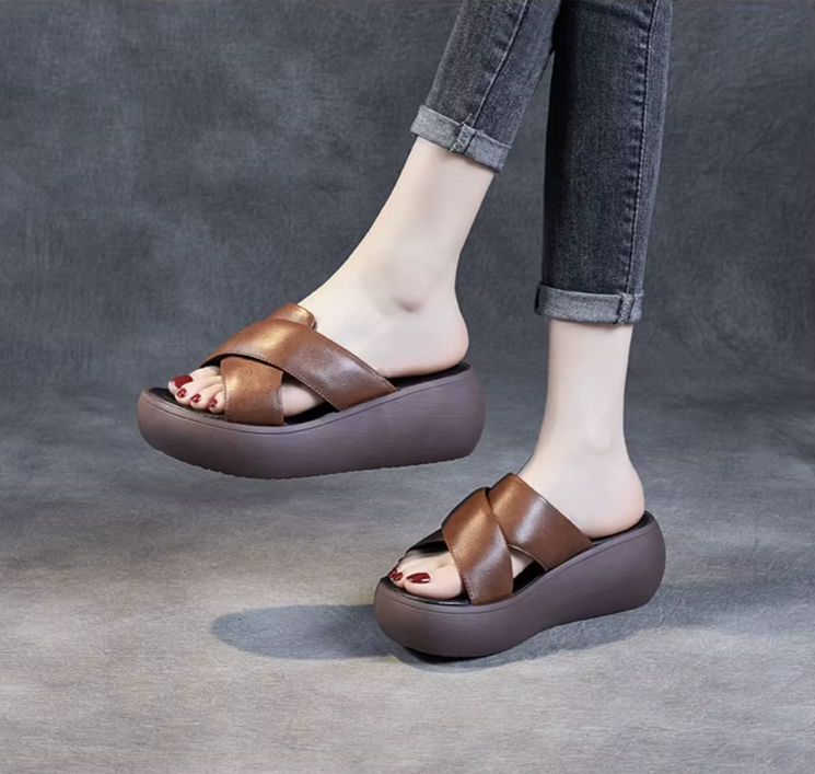 Chunky Leather Wedge Slide Sandals