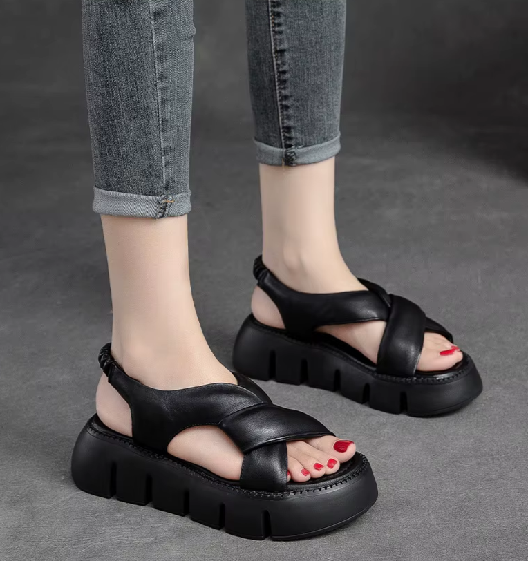 Retro Leather Platform Sandals Comfortable