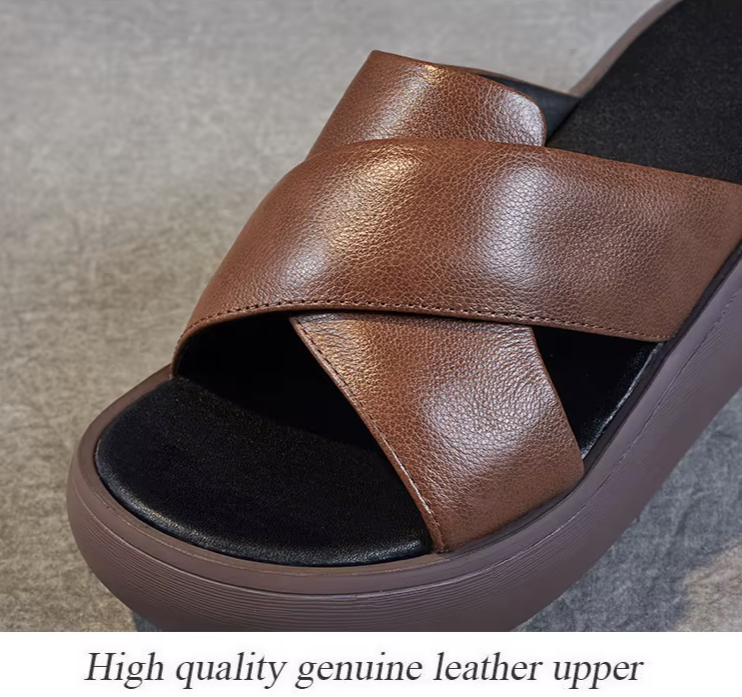 Chunky Leather Wedge Slide Sandals