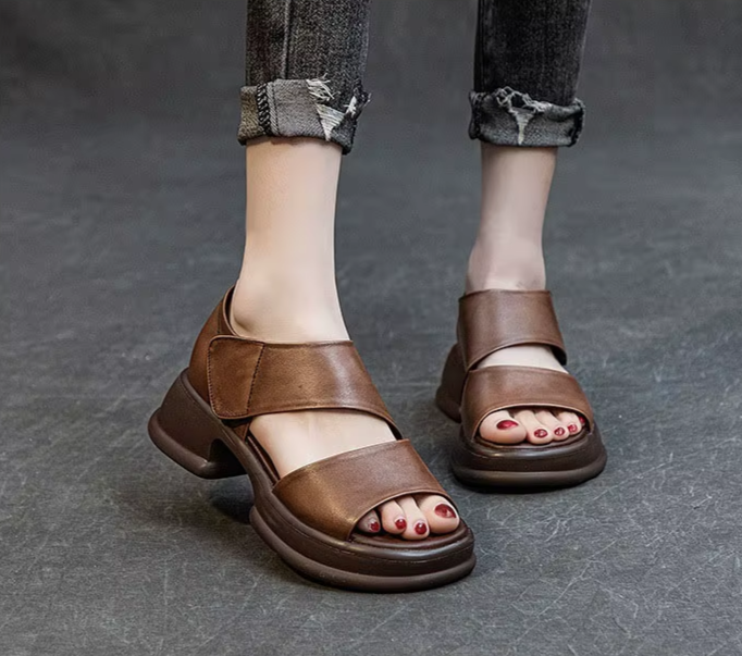 Chunky Heel Leather Platform Sandals