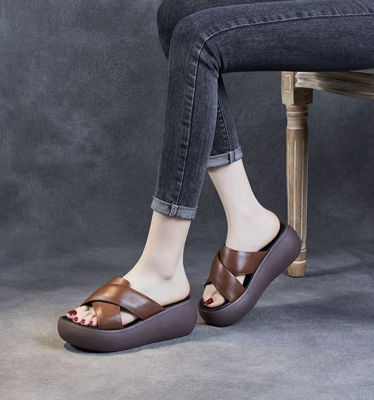 Chunky Leather Wedge Slide Sandals