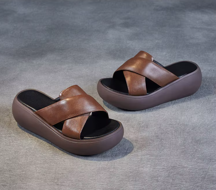 Chunky Leather Wedge Slide Sandals