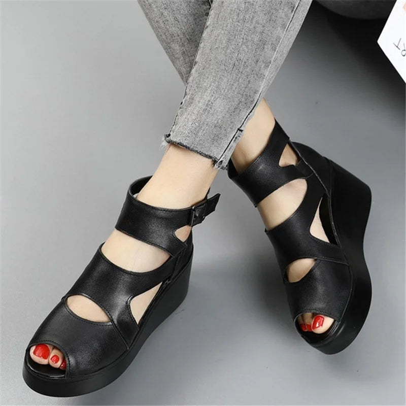 Trendy Cowhide Wedge Heel Sandals