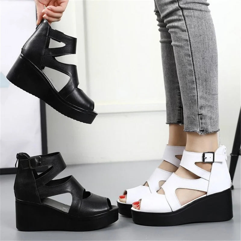 Trendy Cowhide Wedge Heel Sandals