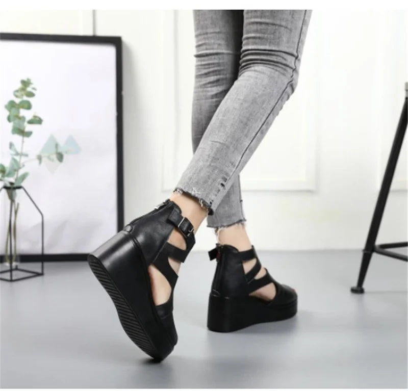 Trendy Cowhide Wedge Heel Sandals