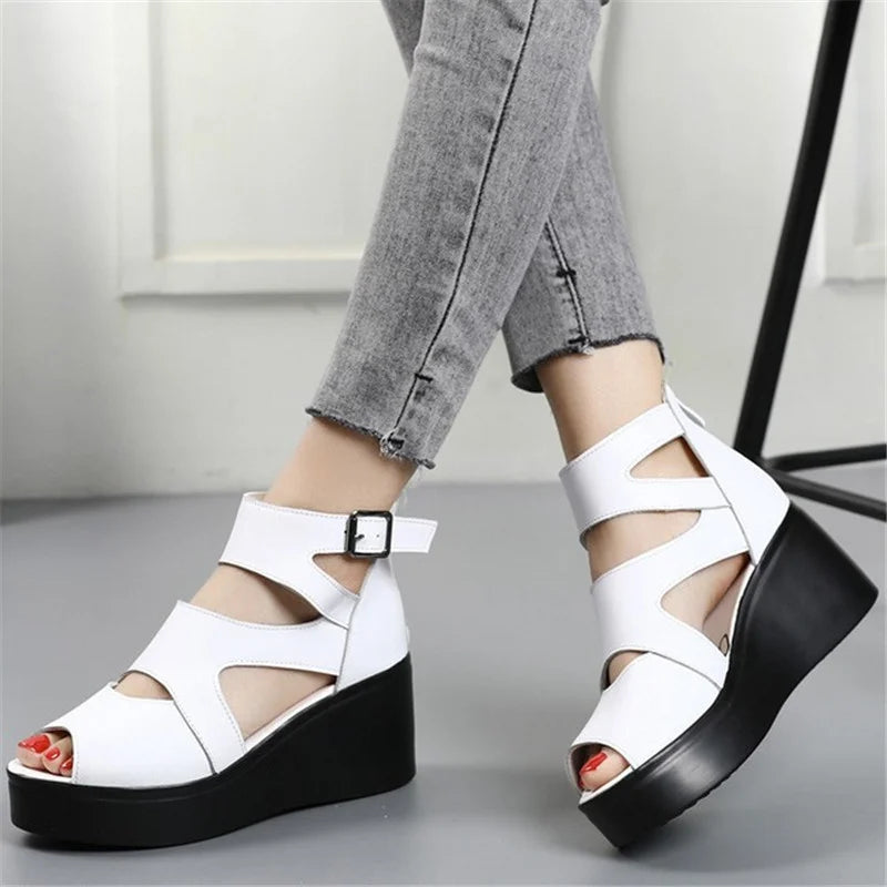 Trendy Cowhide Wedge Heel Sandals