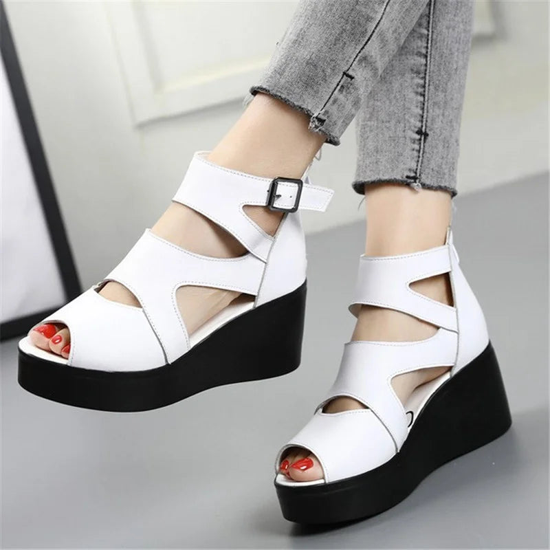 Trendy Cowhide Wedge Heel Sandals