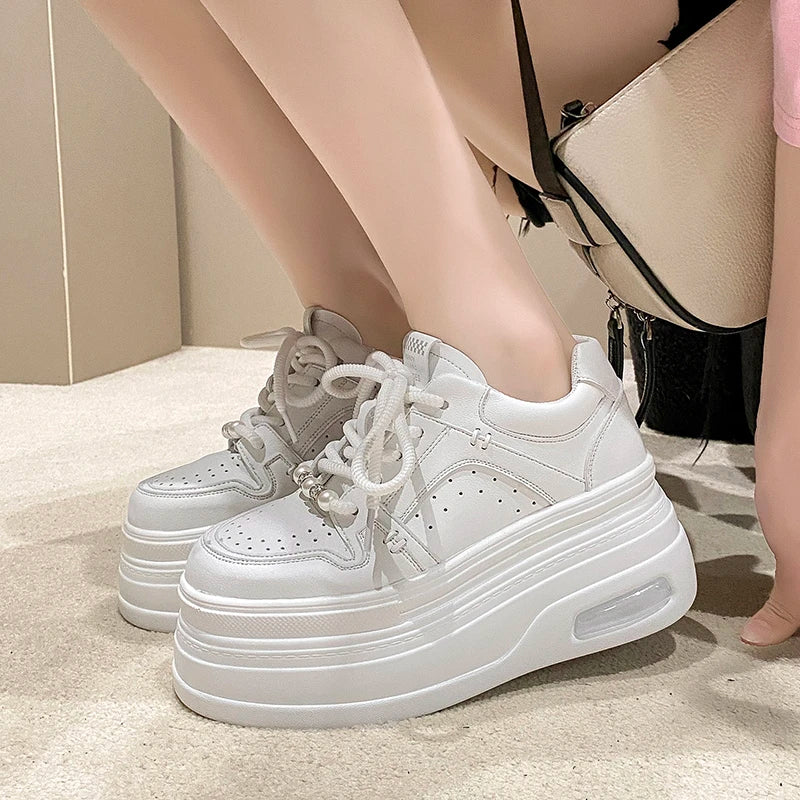 Breathable Leather Wedge Sneakers