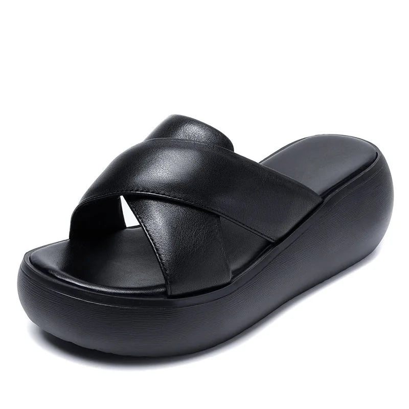 Chunky Leather Wedge Slide Sandals