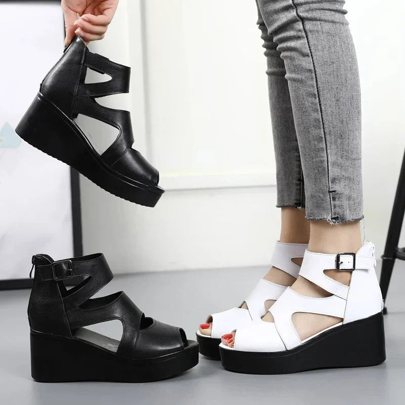 Trendy Cowhide Wedge Heel Sandals