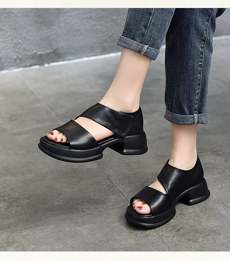 Chunky Heel Leather Platform Sandals