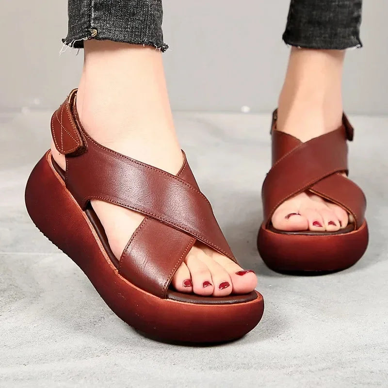 Retro Leather Wedge Slingback Sandals