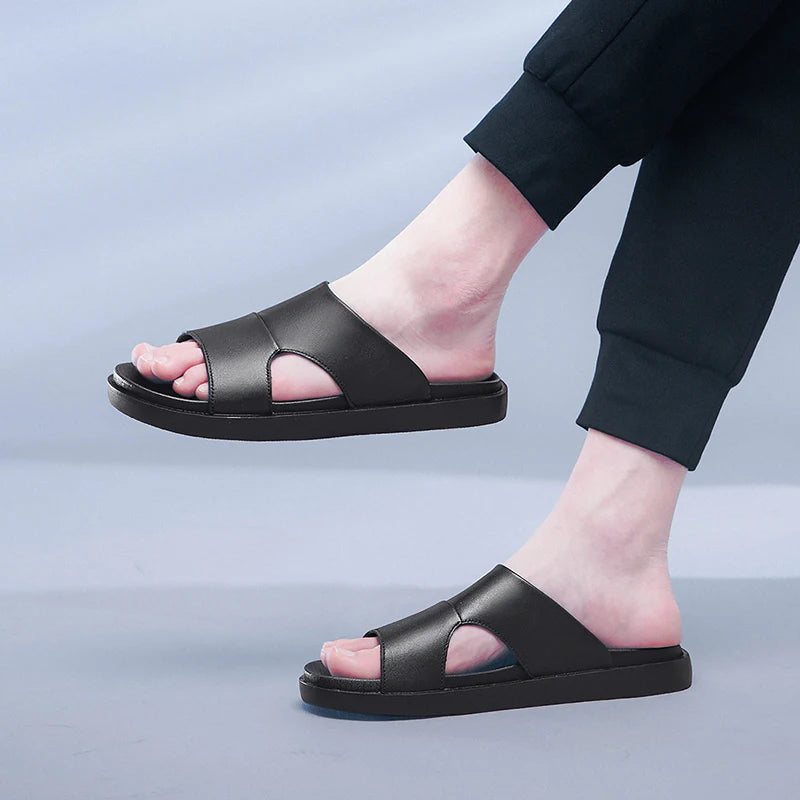 Men's Black Leather Summer Slides