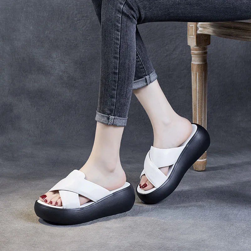 Chunky Leather Wedge Slide Sandals