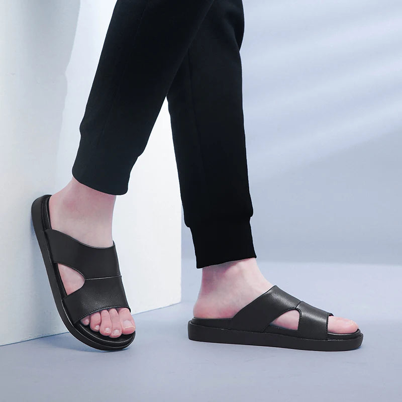 Men's Black Leather Summer Slides