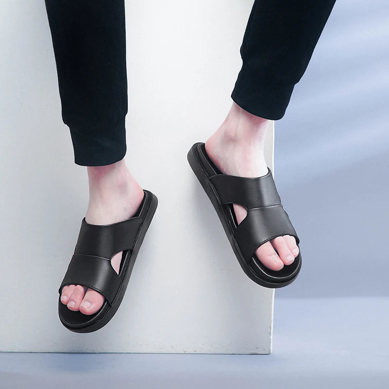 Men's Black Leather Summer Slides