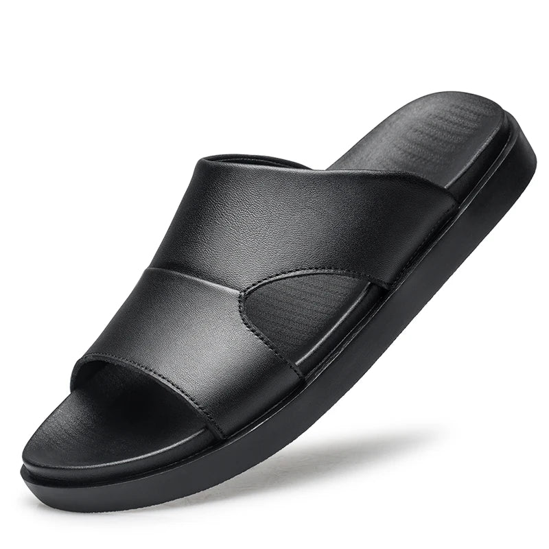 Men's Black Leather Summer Slides