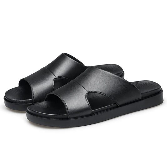 Men's Black Leather Summer Slides