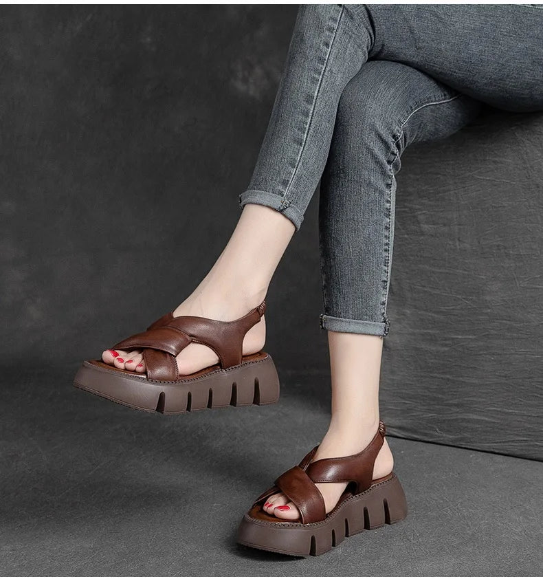 Retro Leather Platform Sandals Comfortable