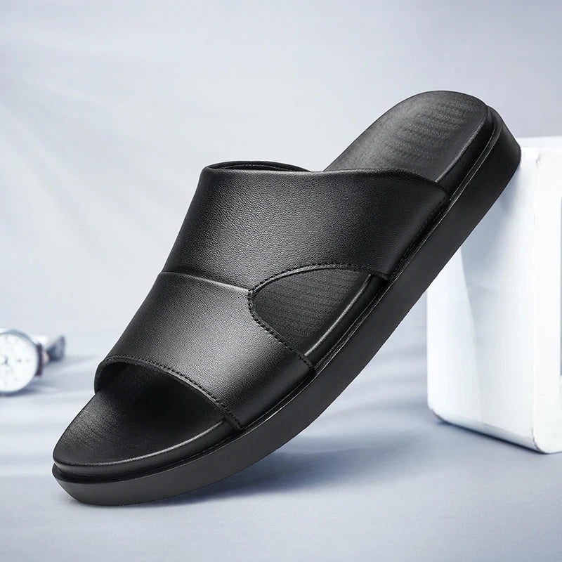 Men's Black Leather Summer Slides