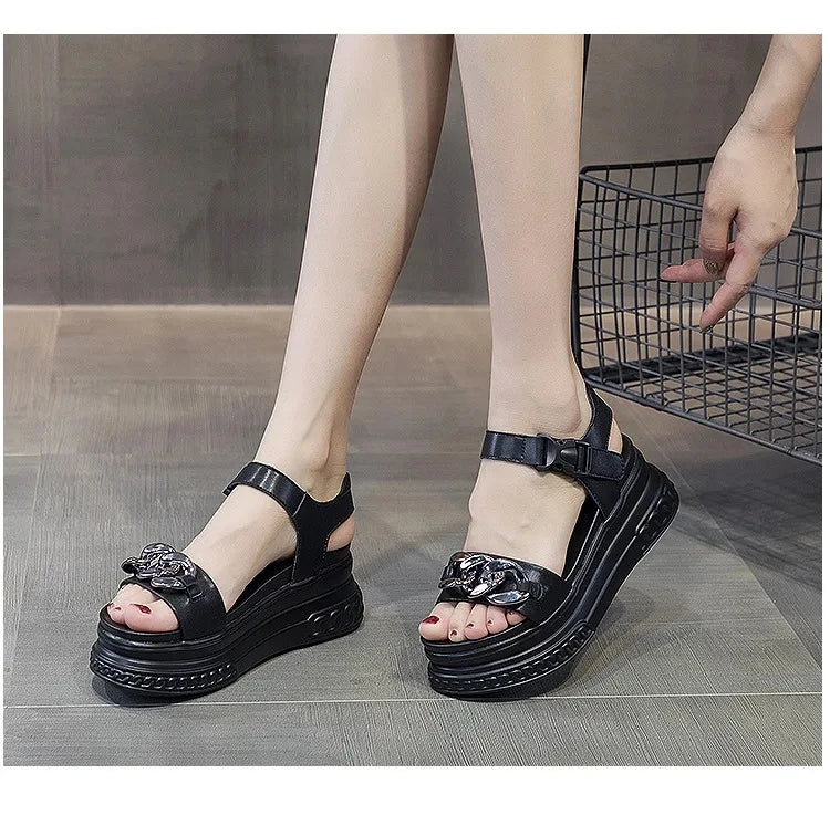 Chunky Chain Leather Platform Sandals