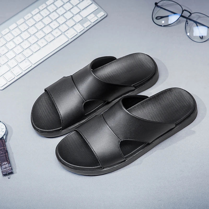 Men's Black Leather Summer Slides