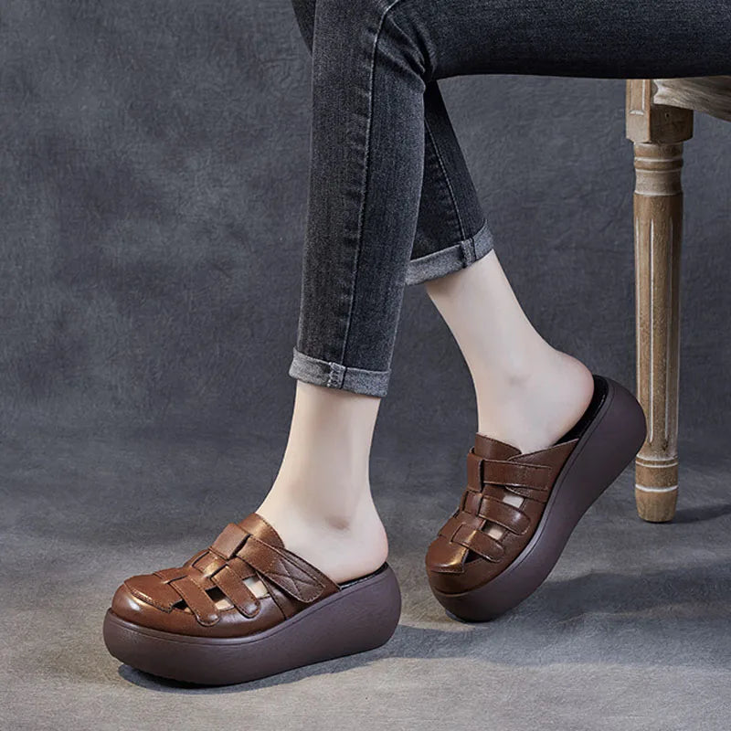 Retro Leather Slingback Platform Sandals