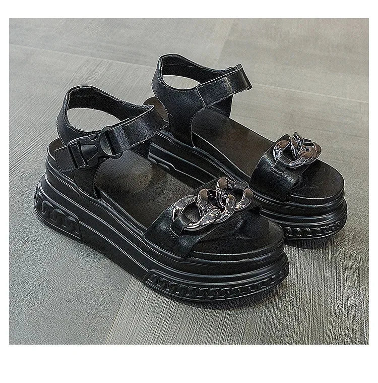 Chunky Chain Leather Platform Sandals