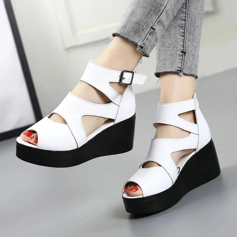 Trendy Cowhide Wedge Heel Sandals