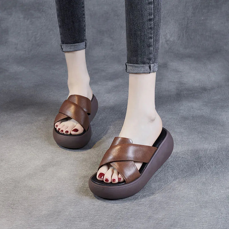 Chunky Leather Wedge Slide Sandals