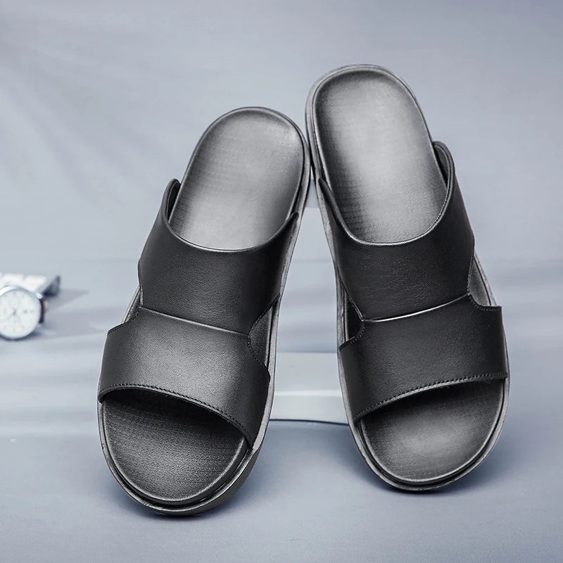 Men's Black Leather Summer Slides