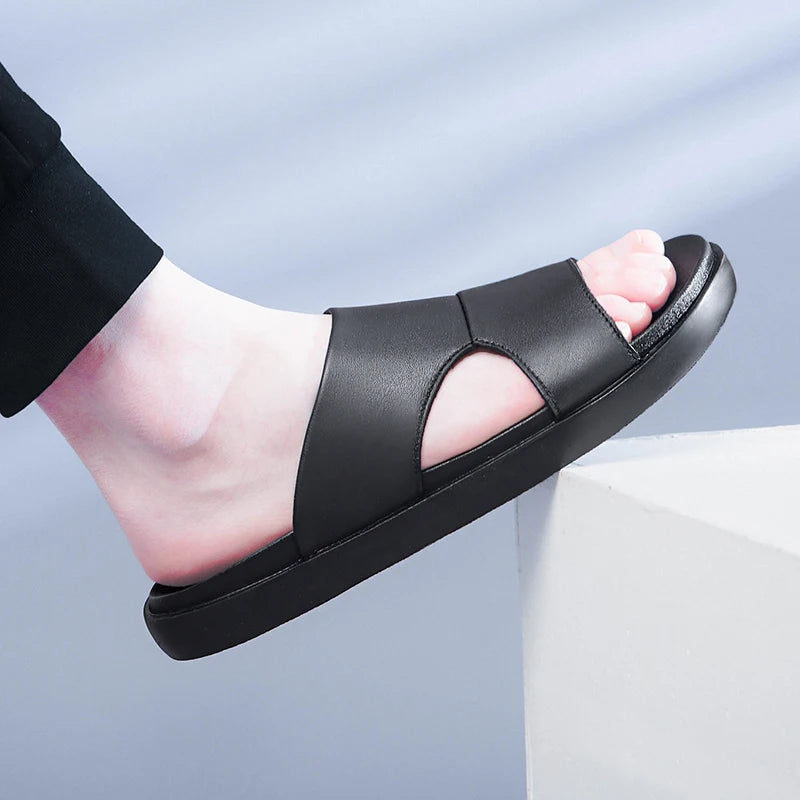 Men's Black Leather Summer Slides