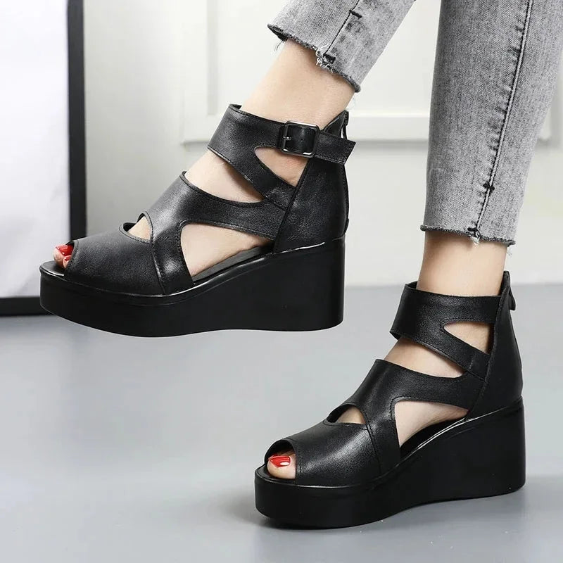 Trendy Cowhide Wedge Heel Sandals