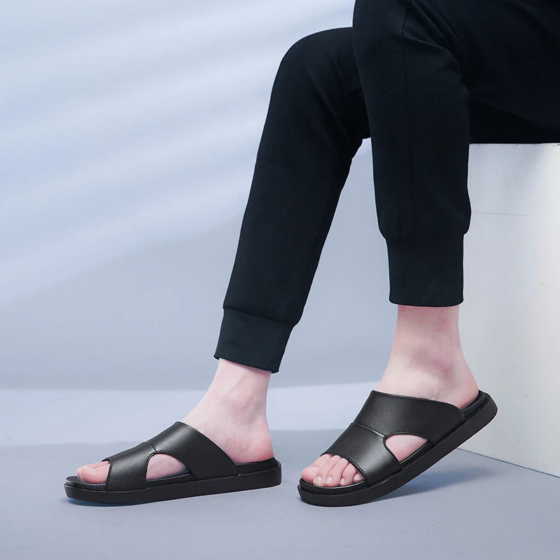 Men's Black Leather Summer Slides