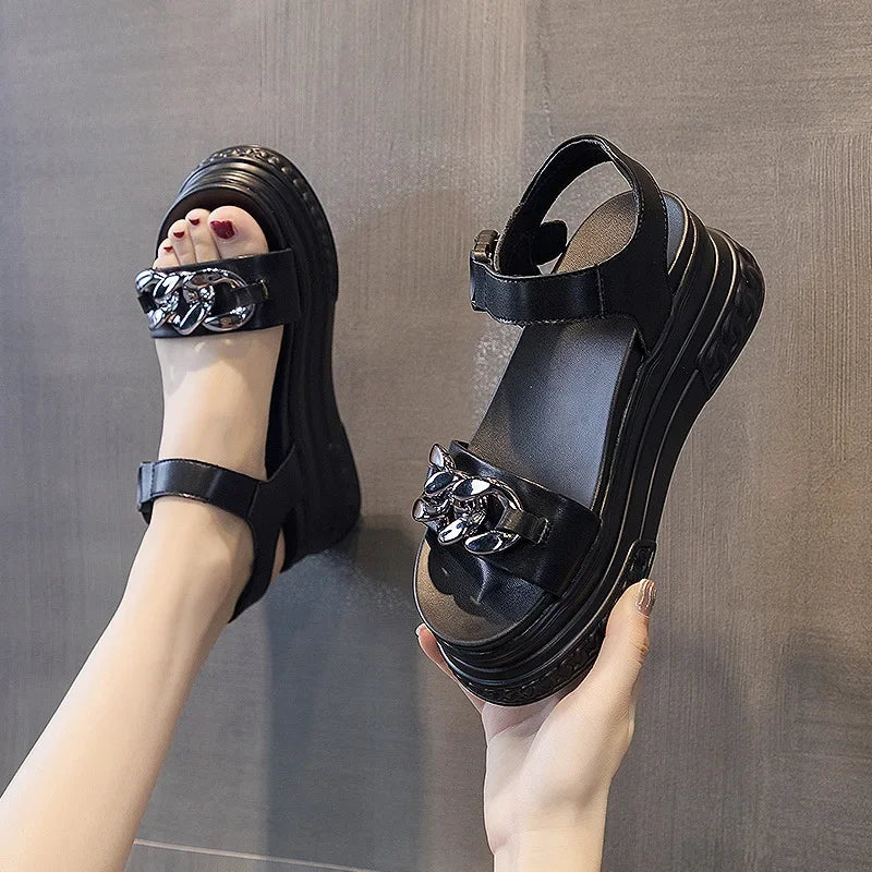 Chunky Chain Leather Platform Sandals