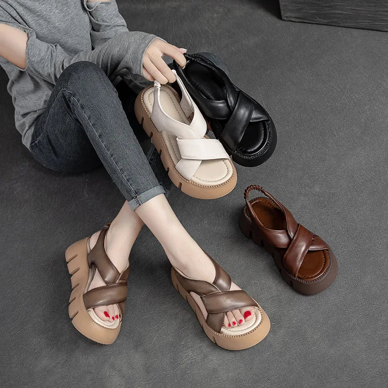 Retro Leather Platform Sandals Comfortable