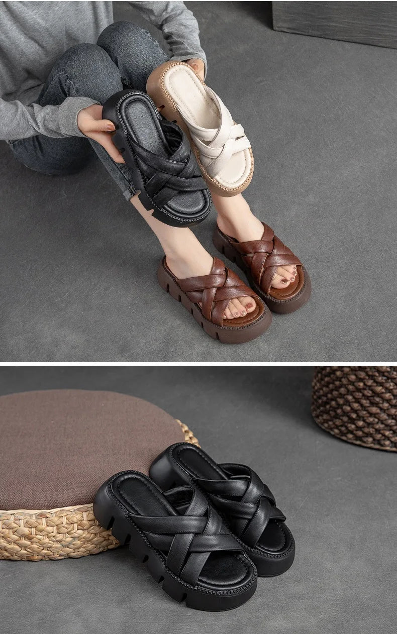 Luxury Leather Wedge Slippers Women