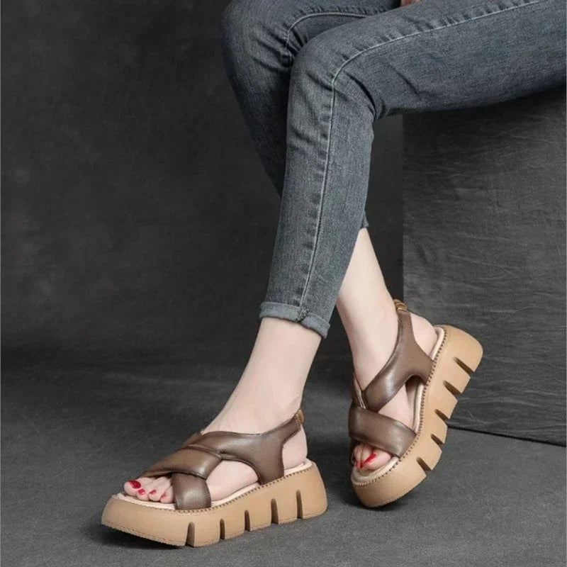 Retro Leather Platform Sandals Comfortable