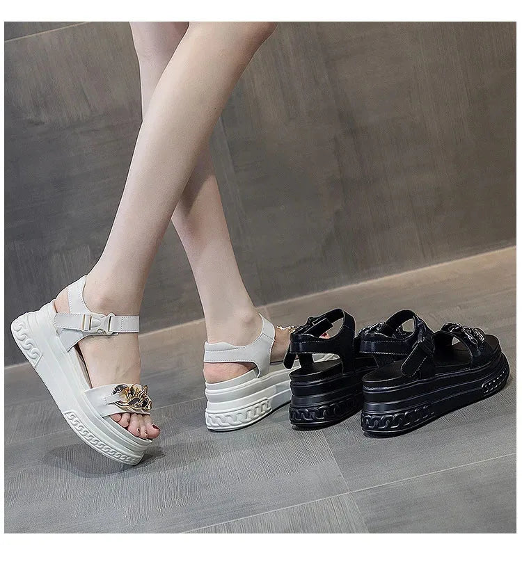 Chunky Chain Leather Platform Sandals