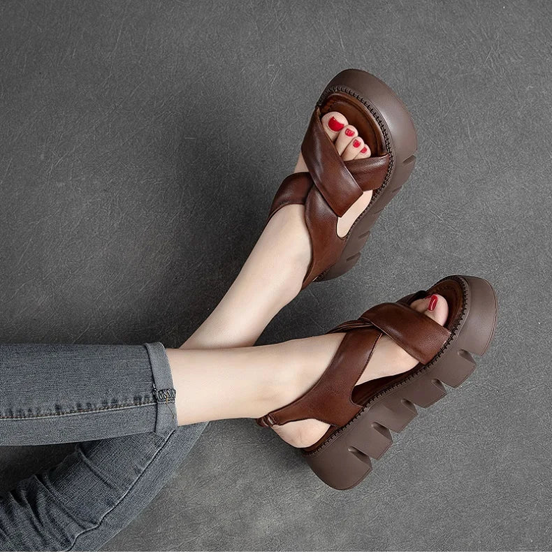 Retro Leather Platform Sandals Comfortable