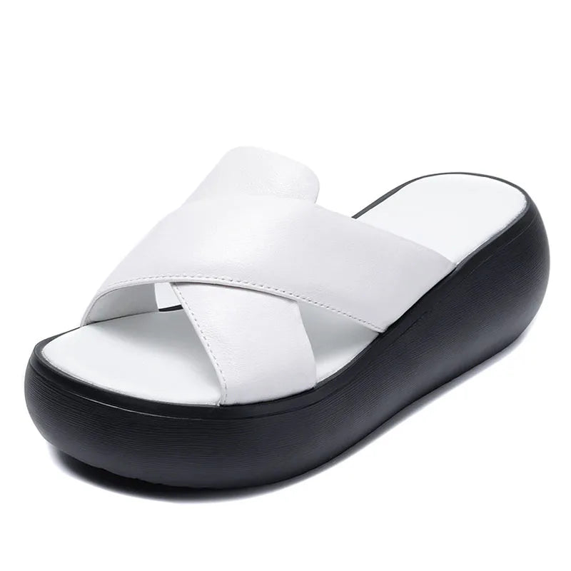 Chunky Leather Wedge Slide Sandals