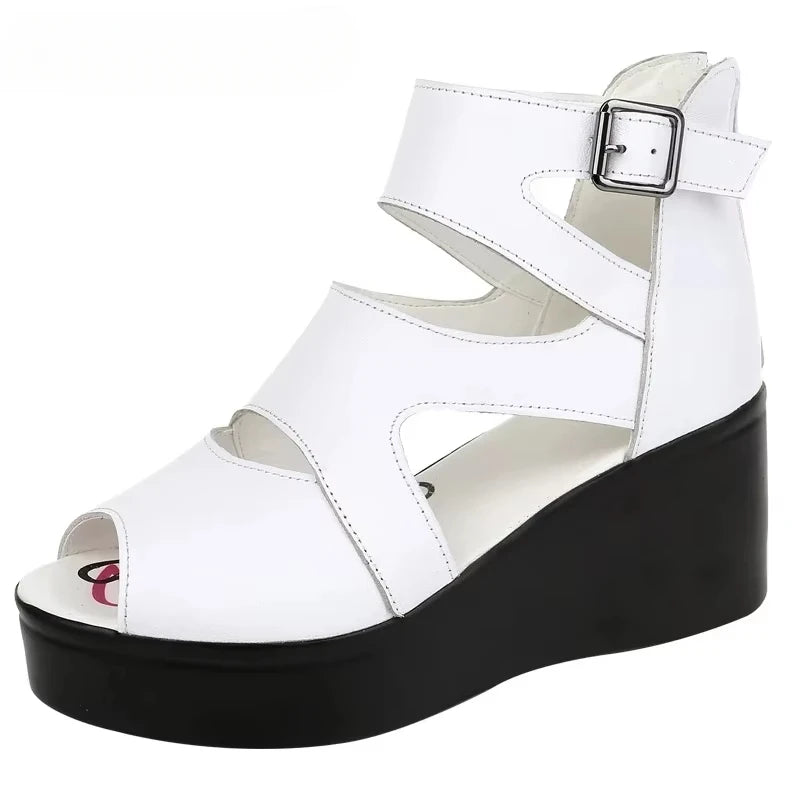 Trendy Cowhide Wedge Heel Sandals