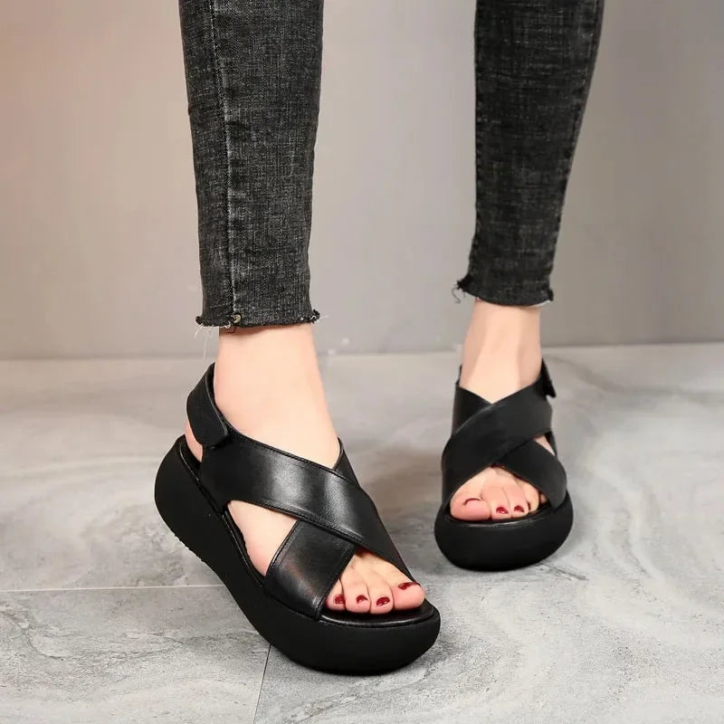 Retro Leather Wedge Slingback Sandals