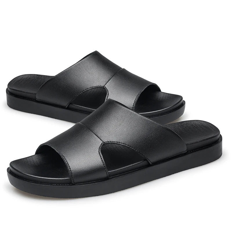 Men's Black Leather Summer Slides