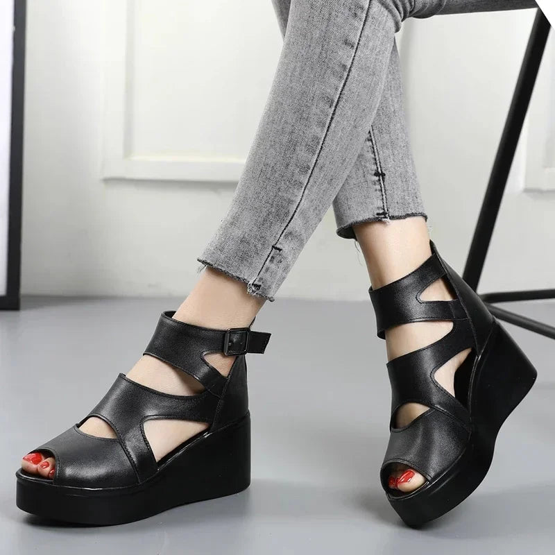 Trendy Cowhide Wedge Heel Sandals