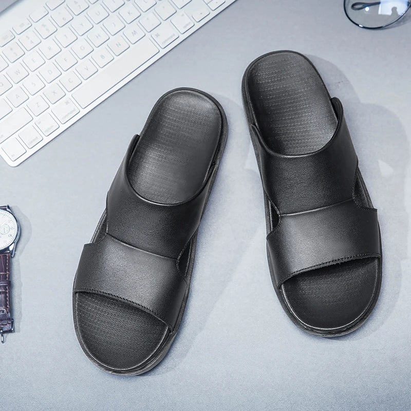 Men's Black Leather Summer Slides