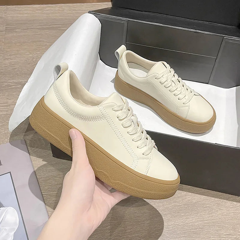 Thick-Bottom Genuine Leather Skate Sneakers